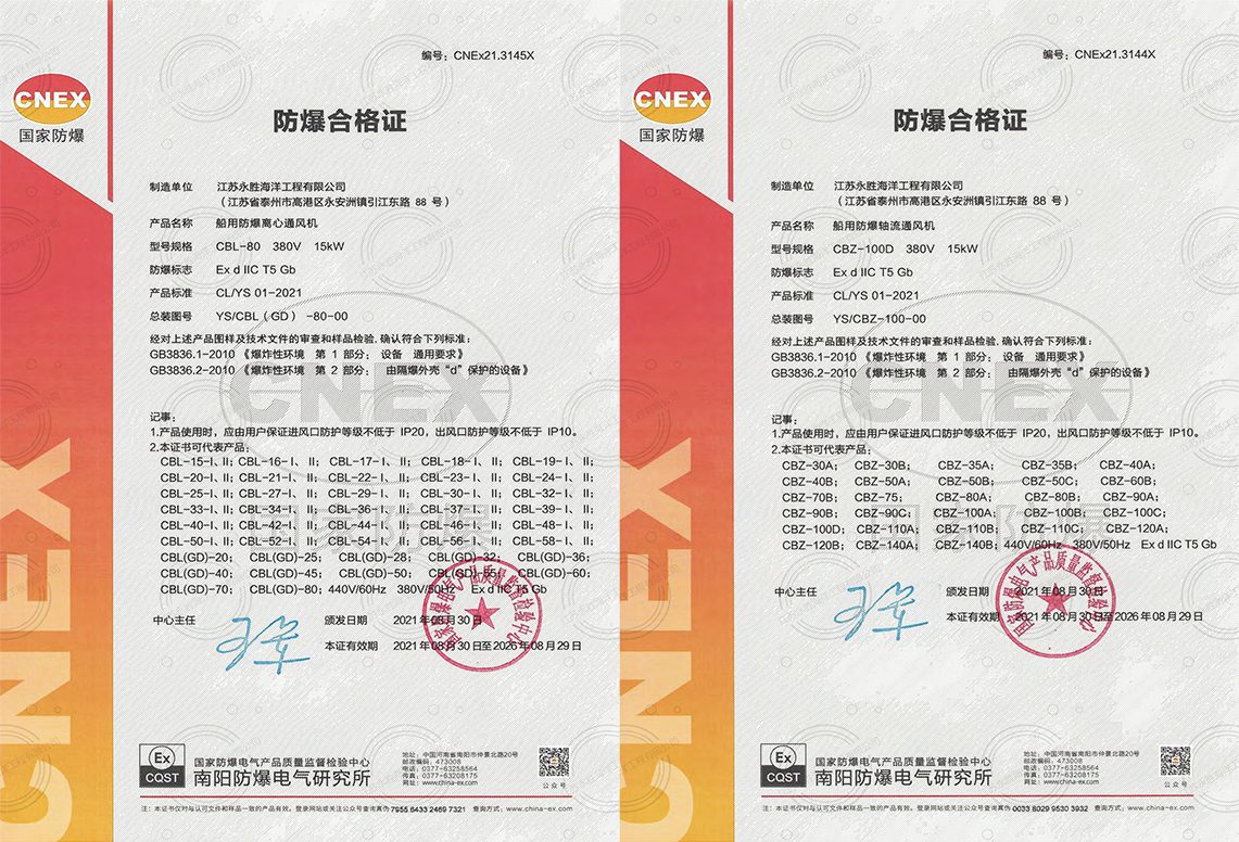 船用防爆通風(fēng)機合格證